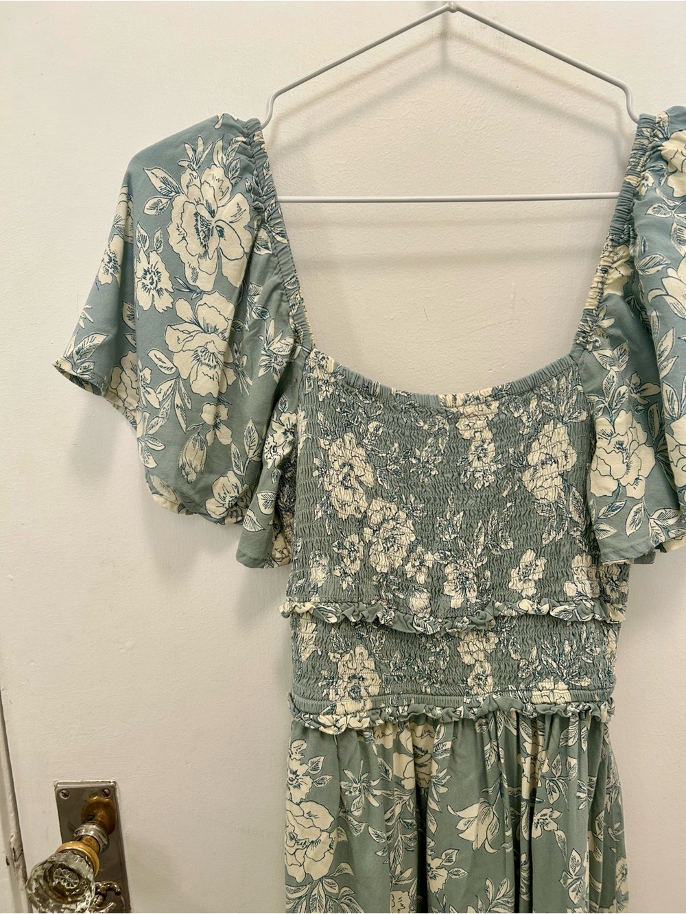 Patrons of Peace Sage Green Floral Smocked Dress with Cream Accents